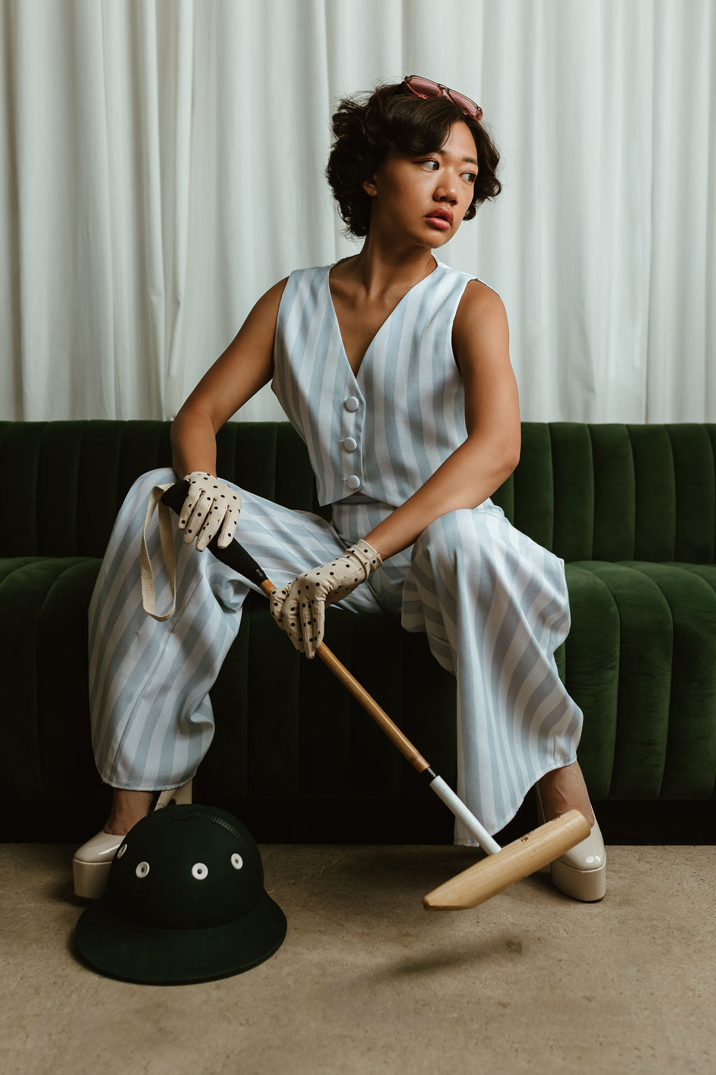 Pinstripe Cropped Vest and Wide-Leg Pant Set Blue