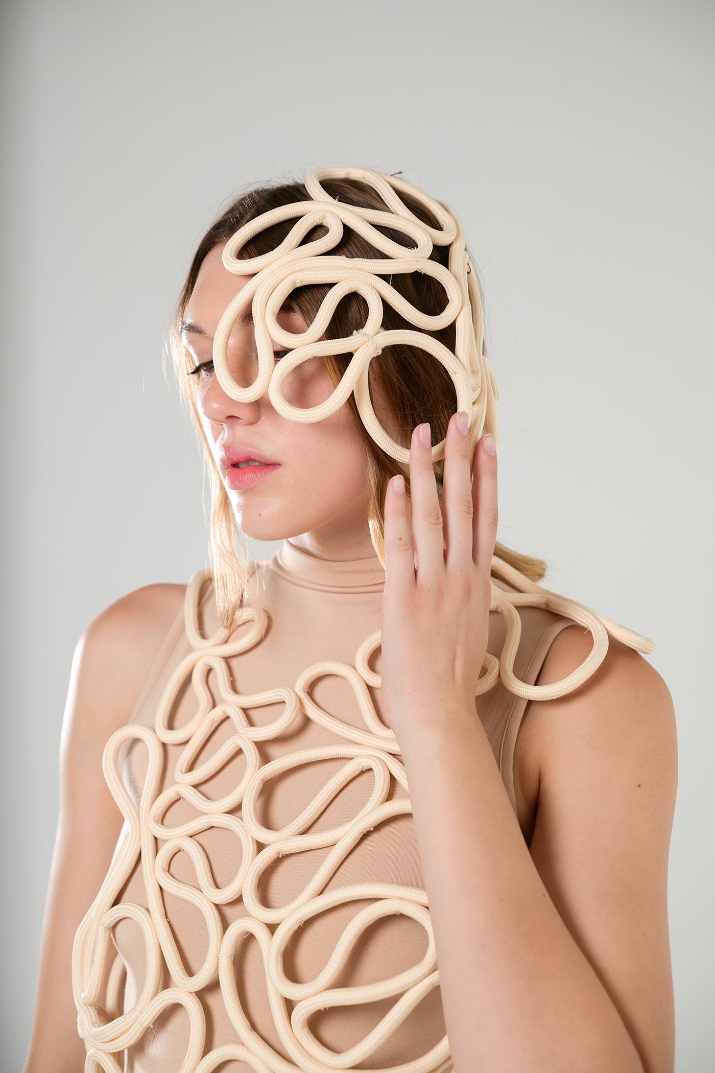 Avant-Garde Rope Overlay Dress Beige