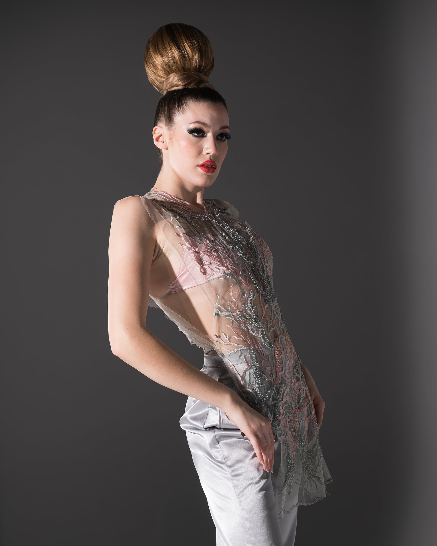 Stylish Sheer Top Gray and Pink