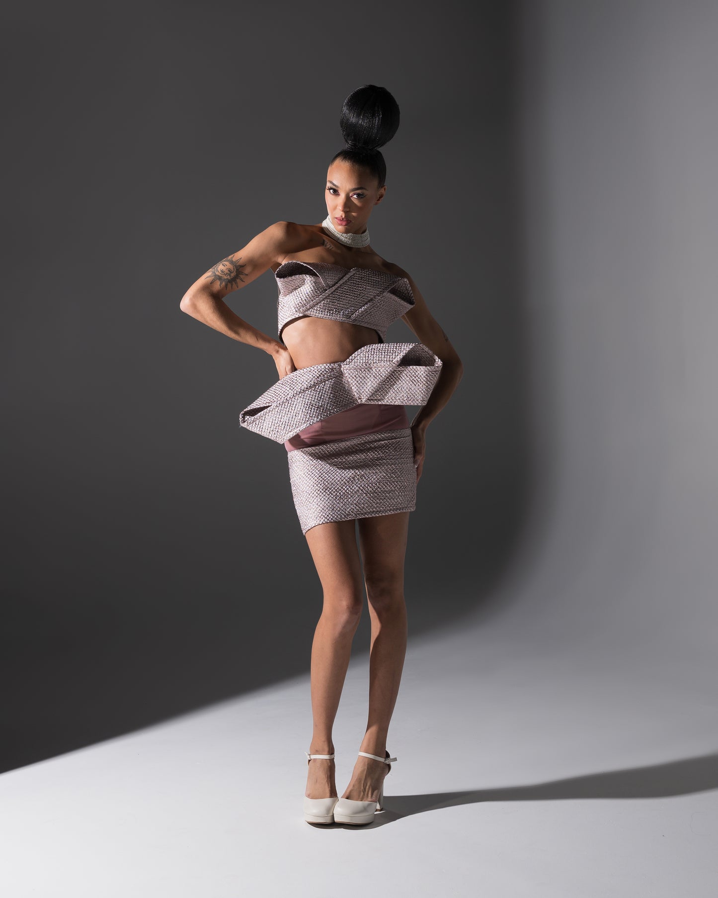 Bow Set Mini Skirt and Crop Top Metallic Pink