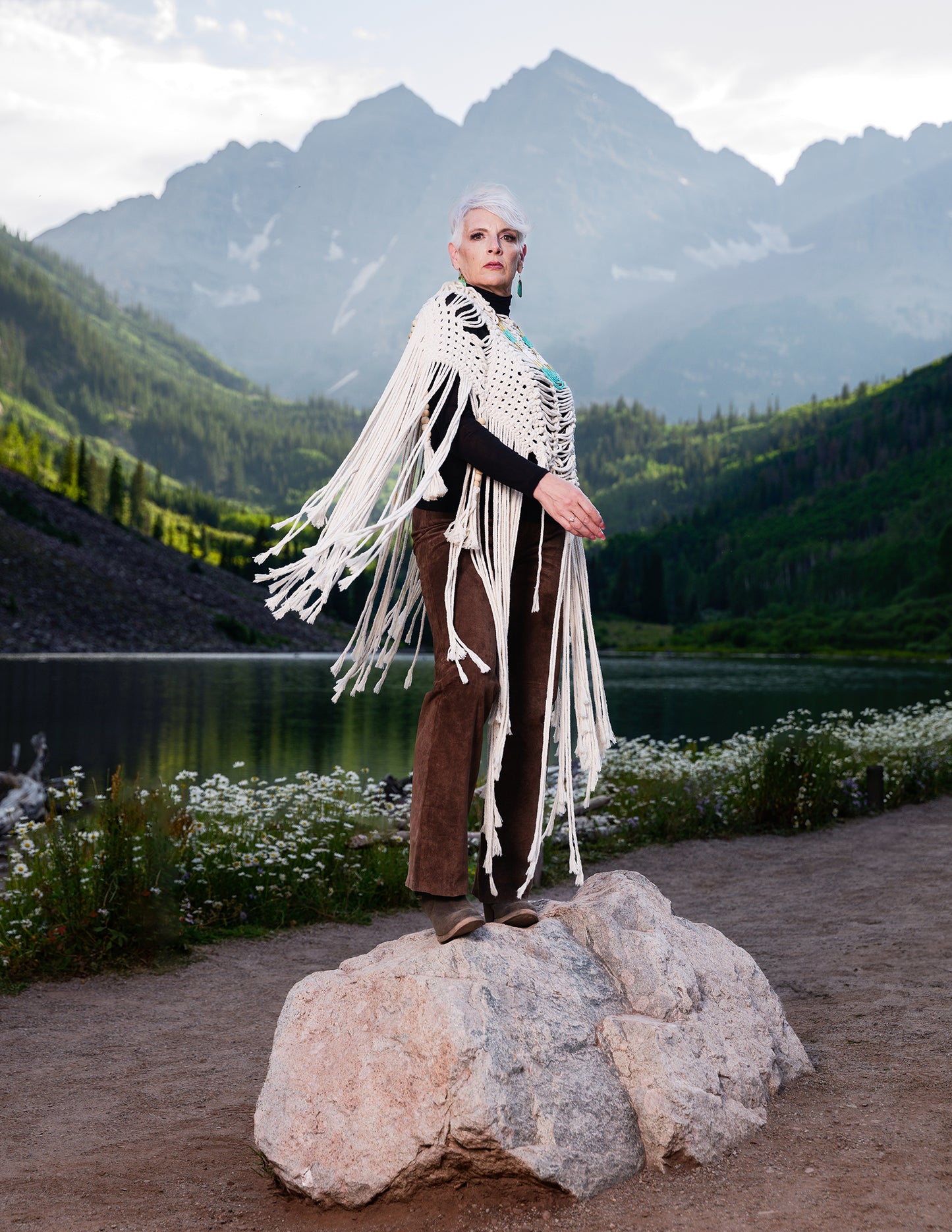 Maroon Bells Macramé Poncho in White