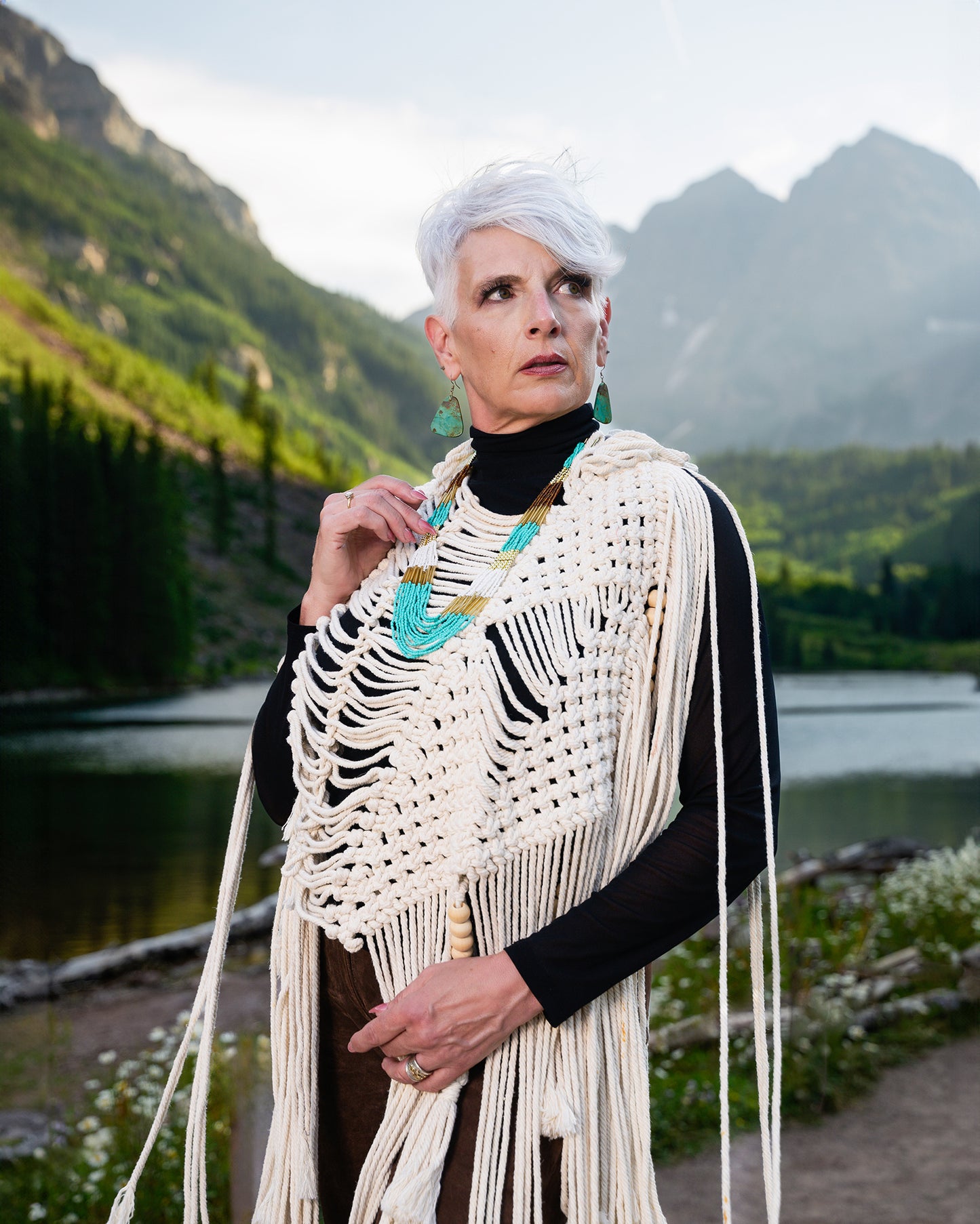 Maroon Bells Macramé Poncho in White
