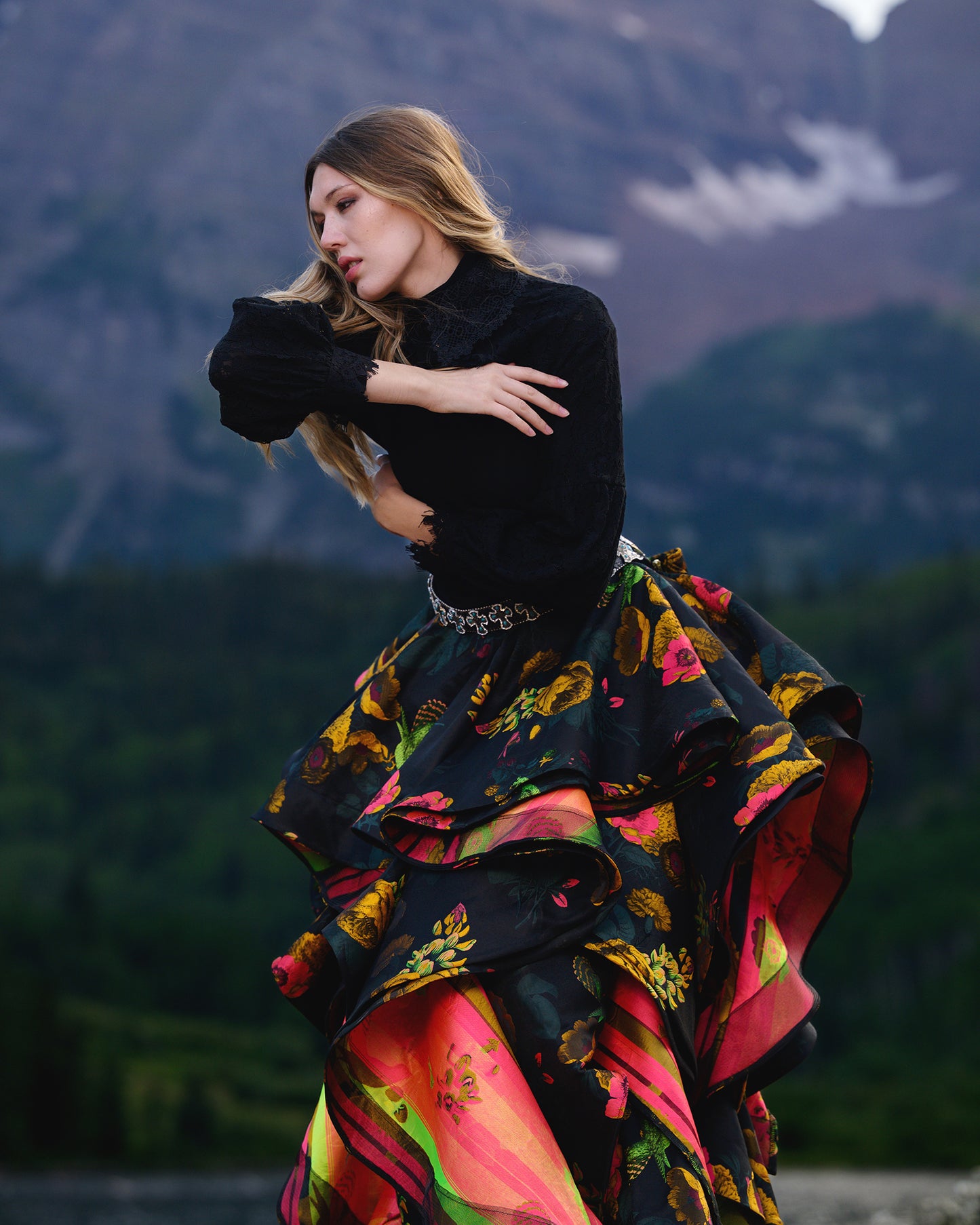Maroon Bells Floral Ruffled Skirt
