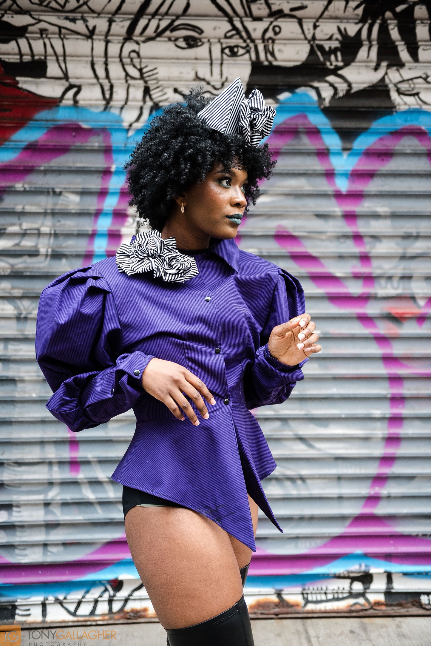 The Tisha: House of Cards Purple & Black Stripe Puff Sleeve Shirt