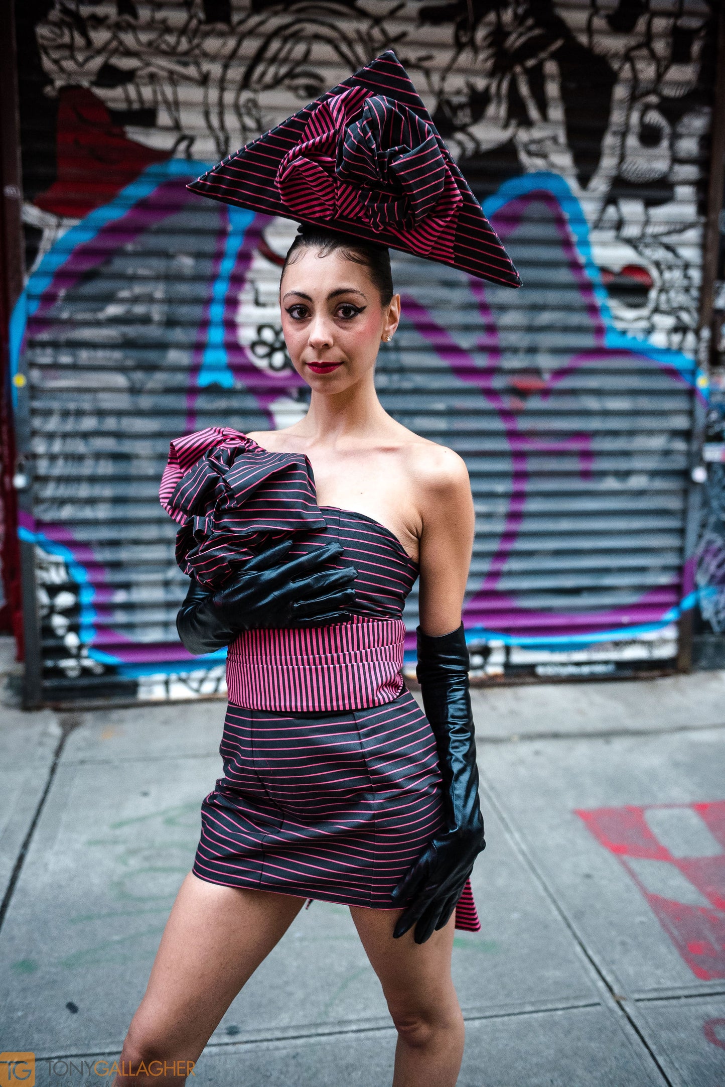 The Rachel: House of Pink and Black Pinstripe Dress with detachable Pink & Black Cumberbund