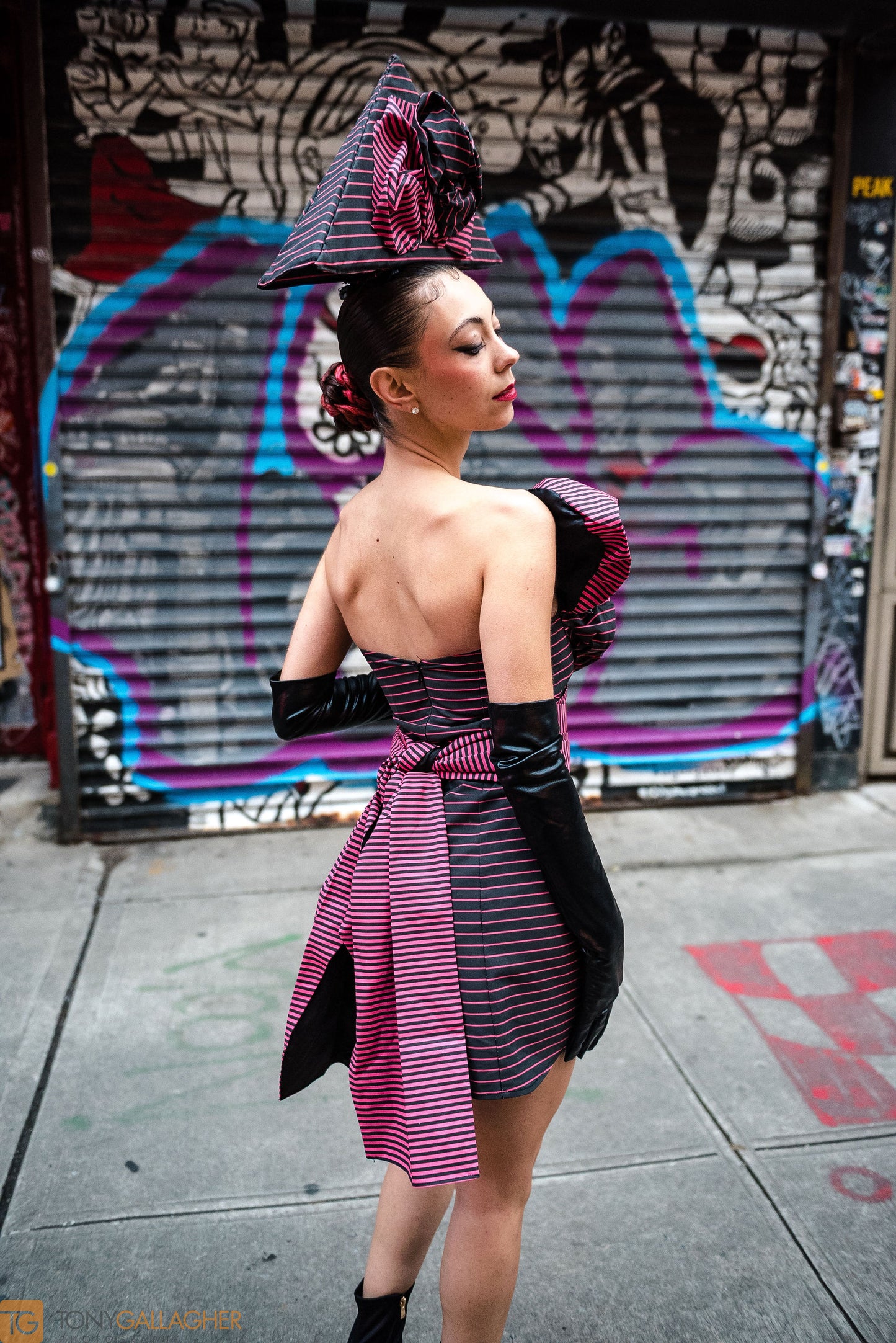The Rachel: House of Pink and Black Pinstripe Dress with detachable Pink & Black Cumberbund