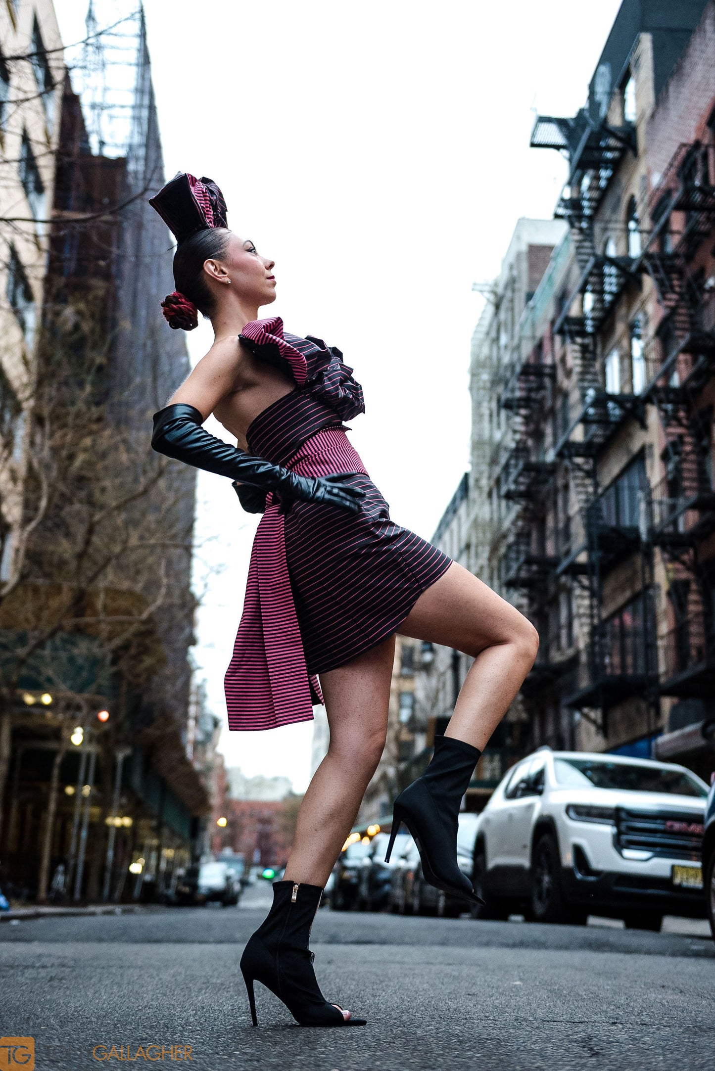 The Rachel: House of Pink and Black Pinstripe Dress with detachable Pink & Black Cumberbund