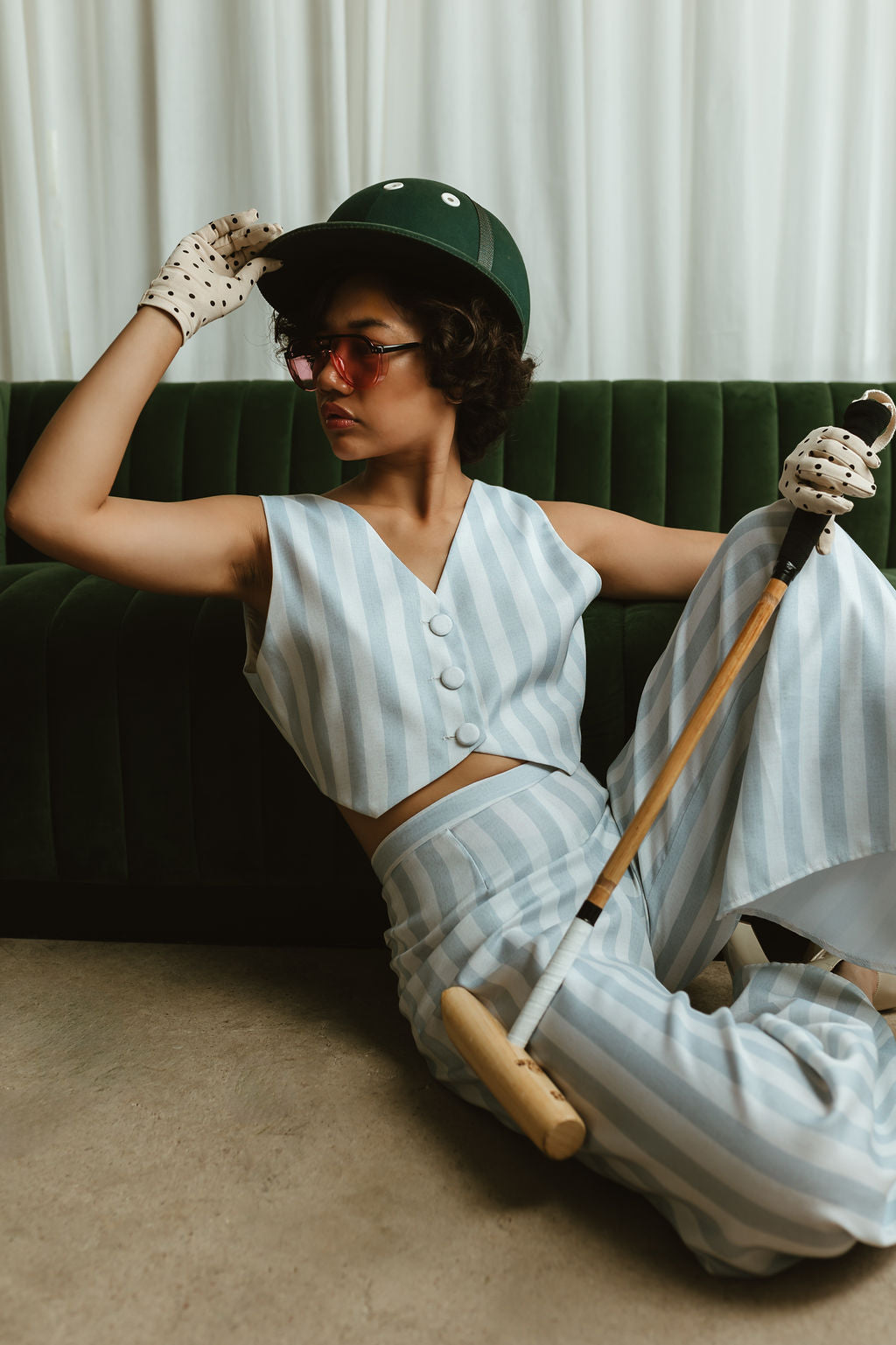 Pinstripe Cropped Vest and Wide-Leg Pant Set Blue