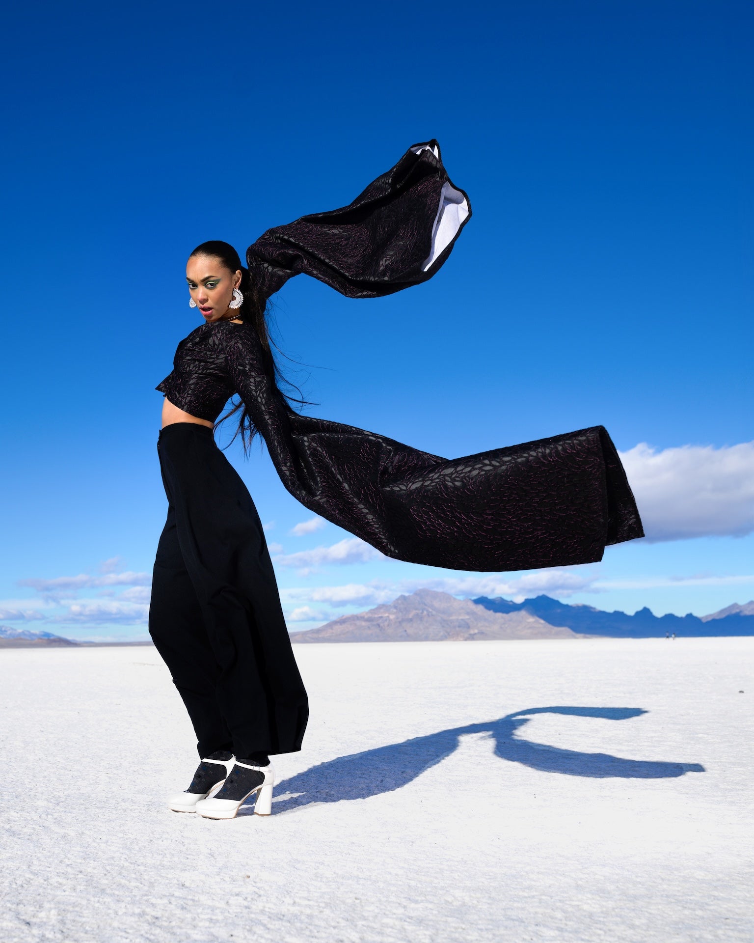 Person in a black outfit with flowing fabric against a blue sky and white landscape.