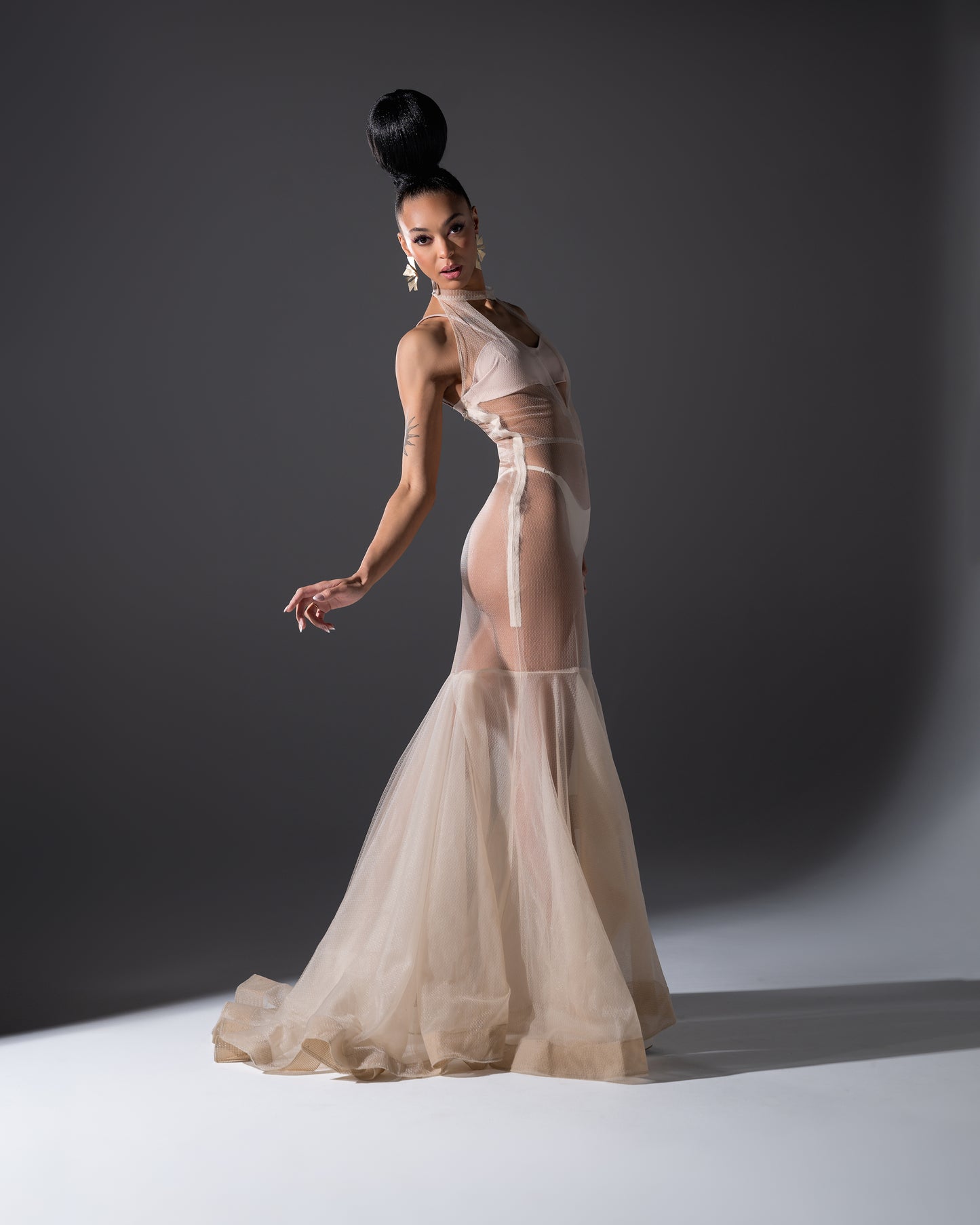 Model wearing a sheer beige gown against a dark background