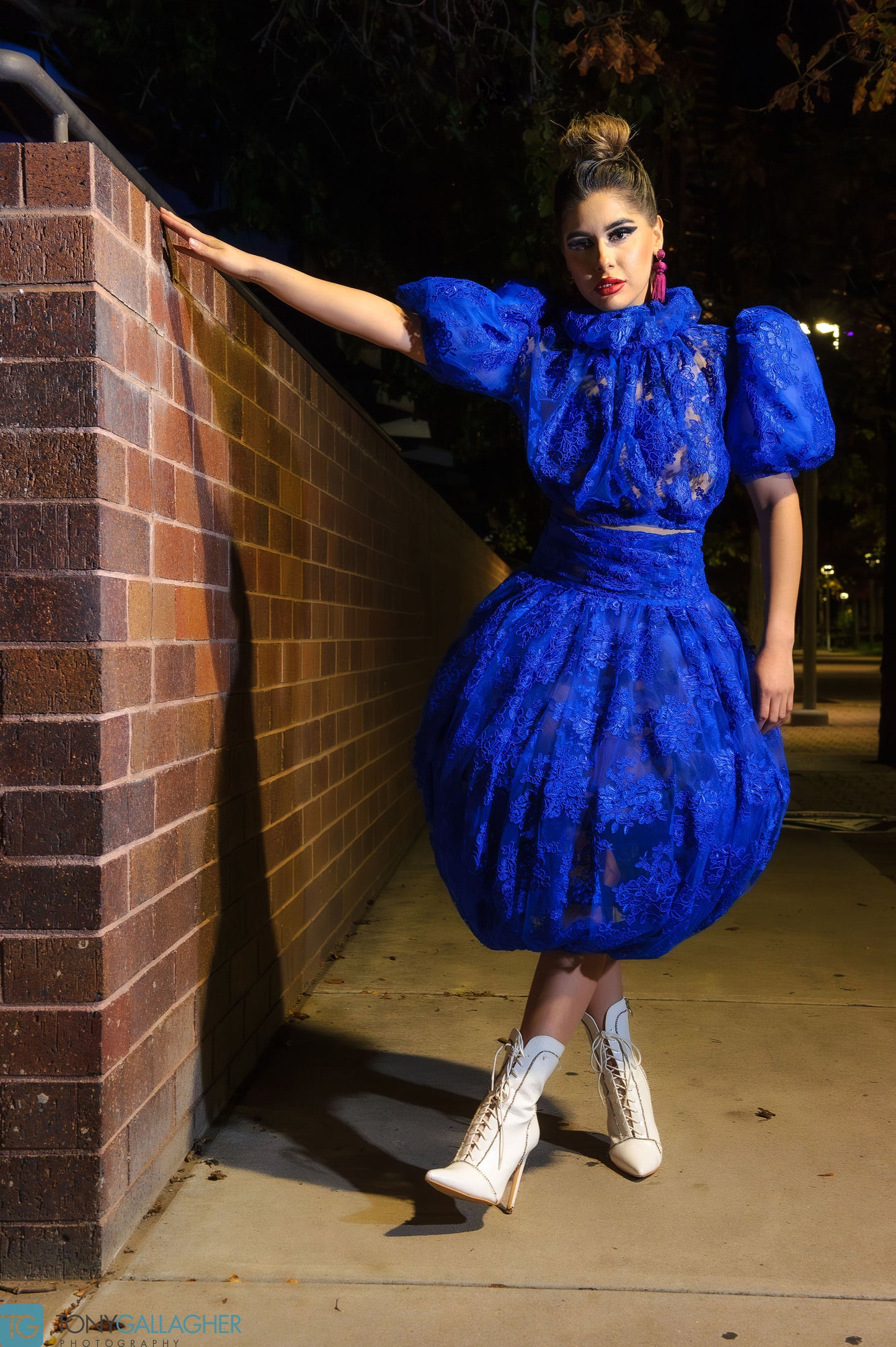 Couture Dresses and Gowns Blue Lace Bubble Skirt and Puff Sleeve Top