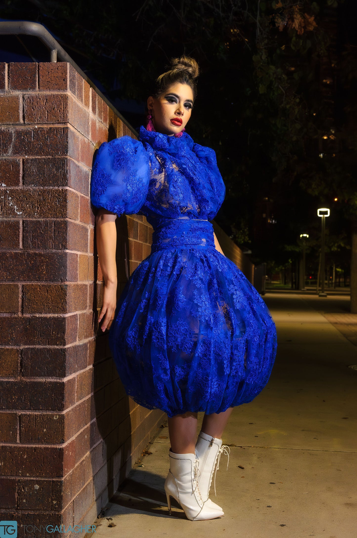 Couture Dresses and Gowns Blue Lace Bubble Skirt and Puff Sleeve Top