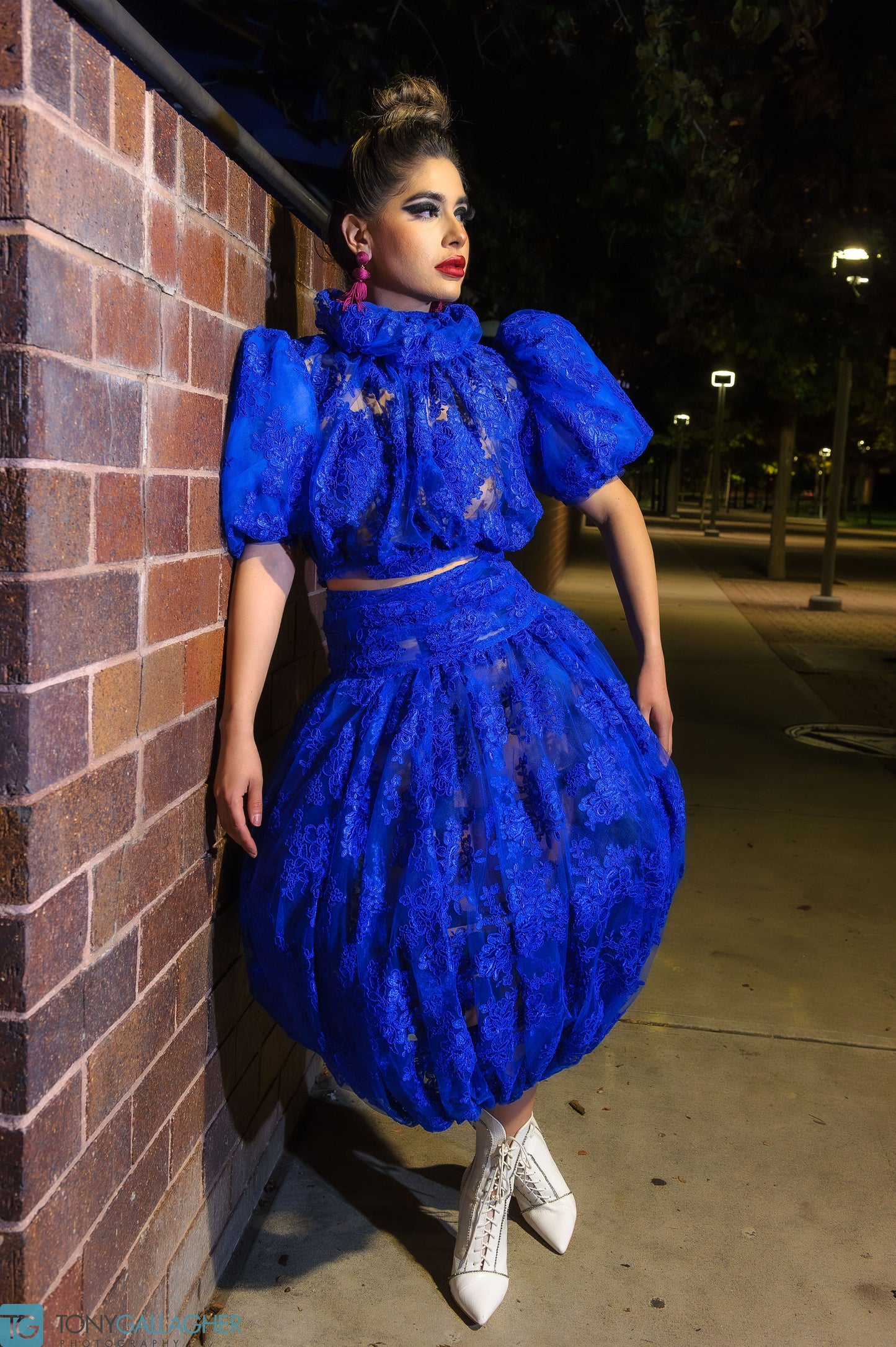 Couture Dresses and Gowns Blue Lace Bubble Skirt and Puff Sleeve Top