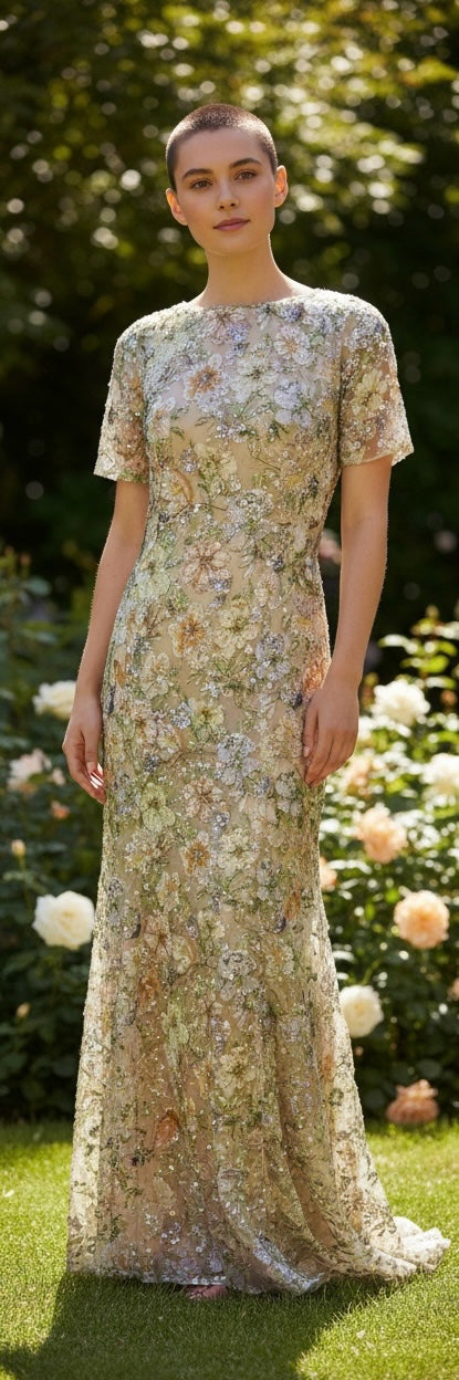 SKYEAIRE floral embroidered evening gown with short sleeves and sequin details on a model in a garden setting.