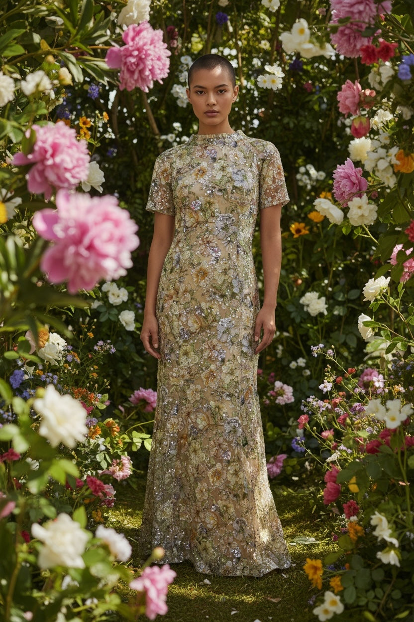 SKYEAIRE floral embroidered evening gown with sequin embellishments, short sleeves, and A-line silhouette in a garden