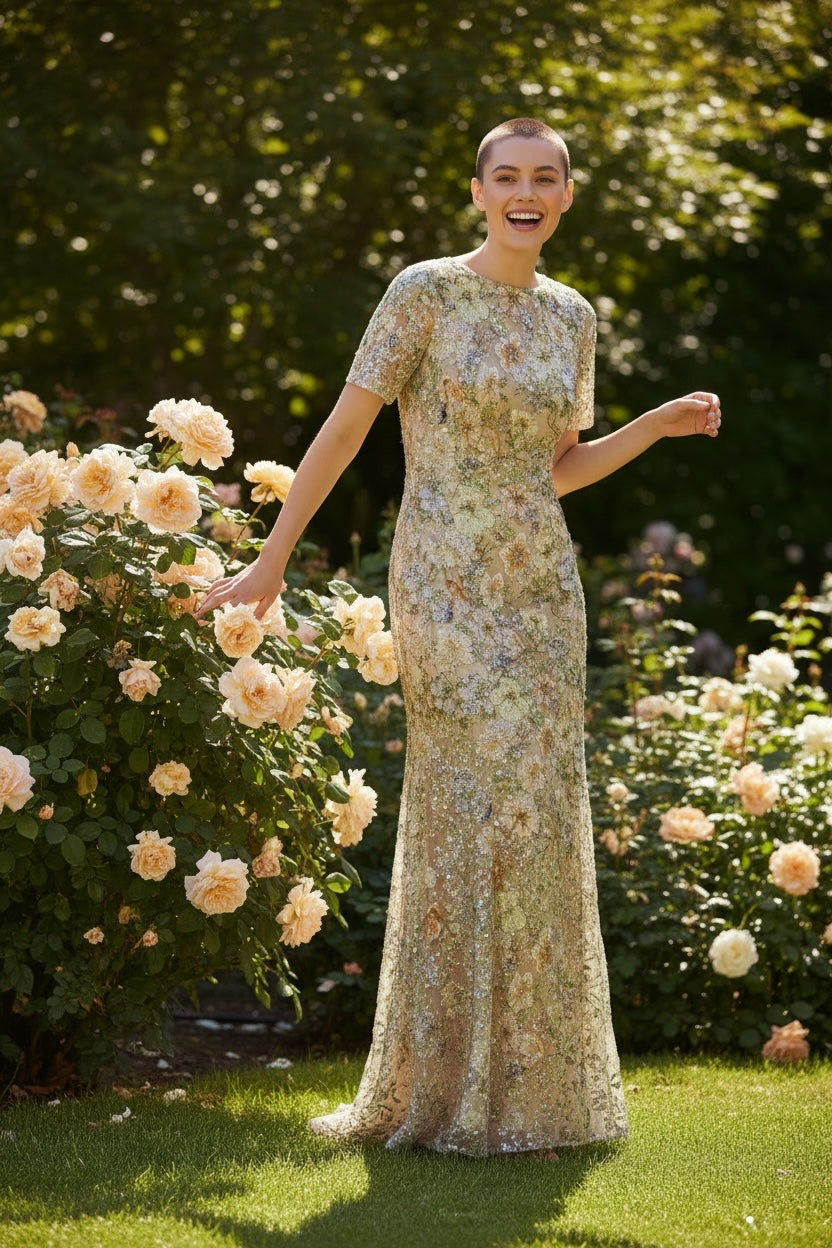 SKYEAIRE floral embroidered mesh evening gown with short sleeves and sequin details worn by a model in a garden