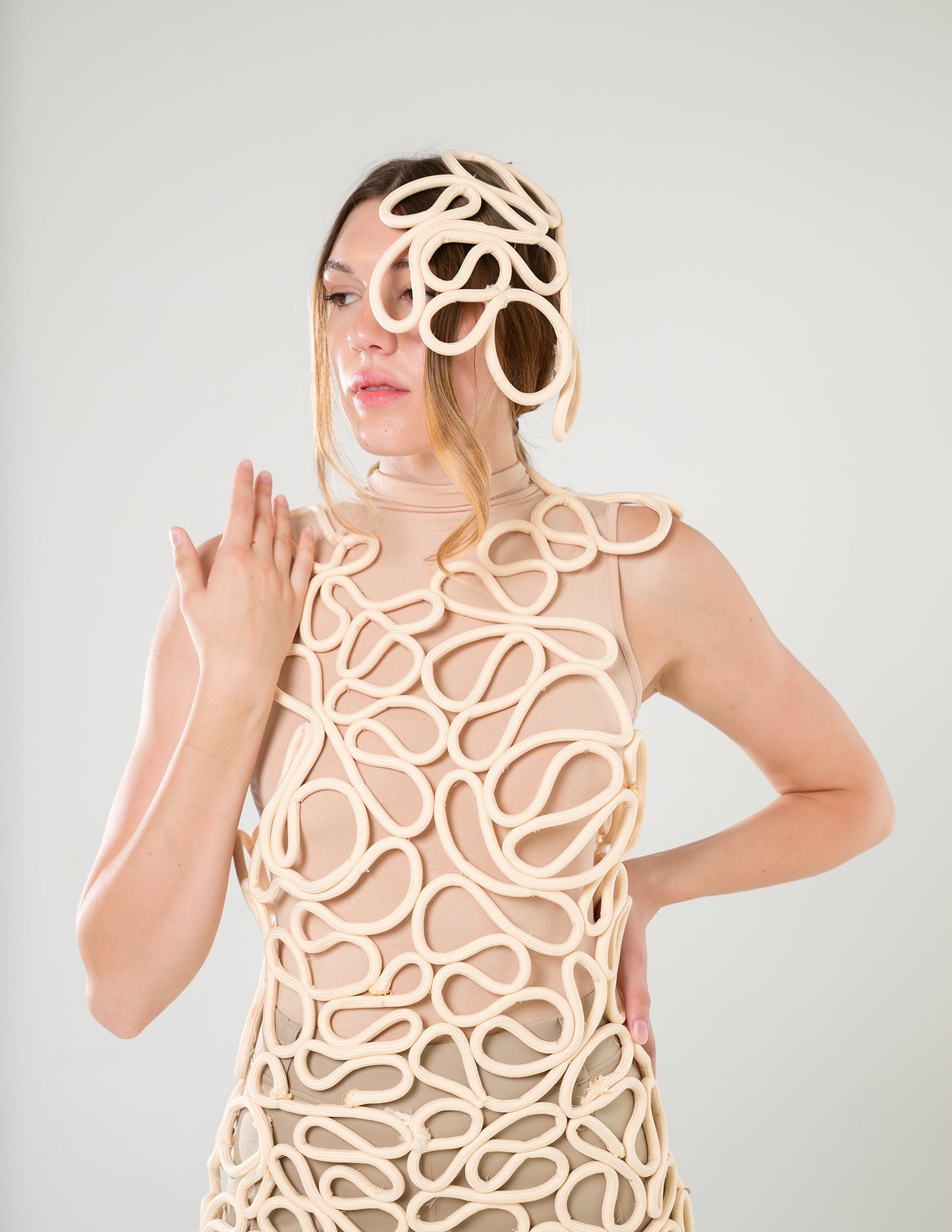 Avant-Garde Rope Overlay Dress Beige