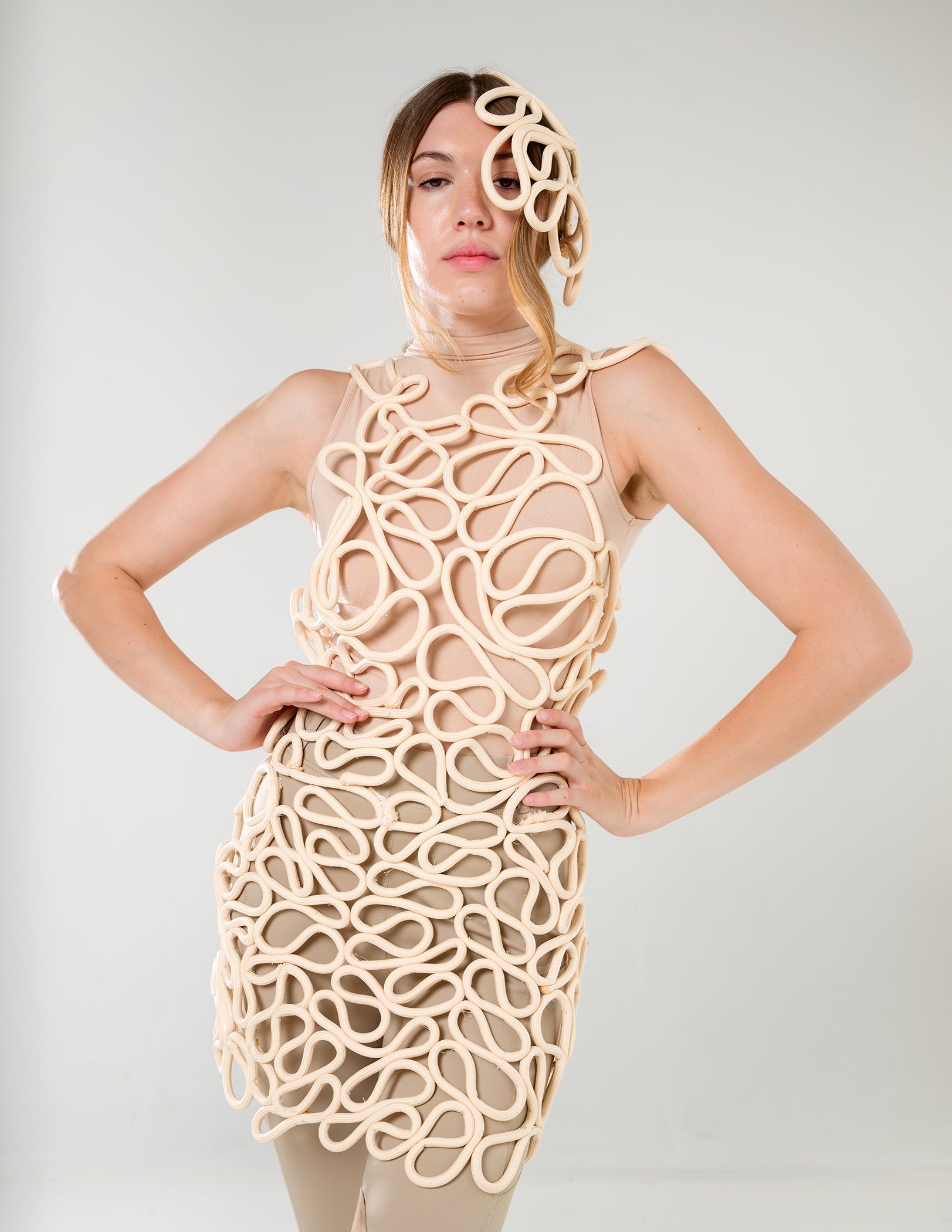 Avant-Garde Rope Overlay Dress Beige