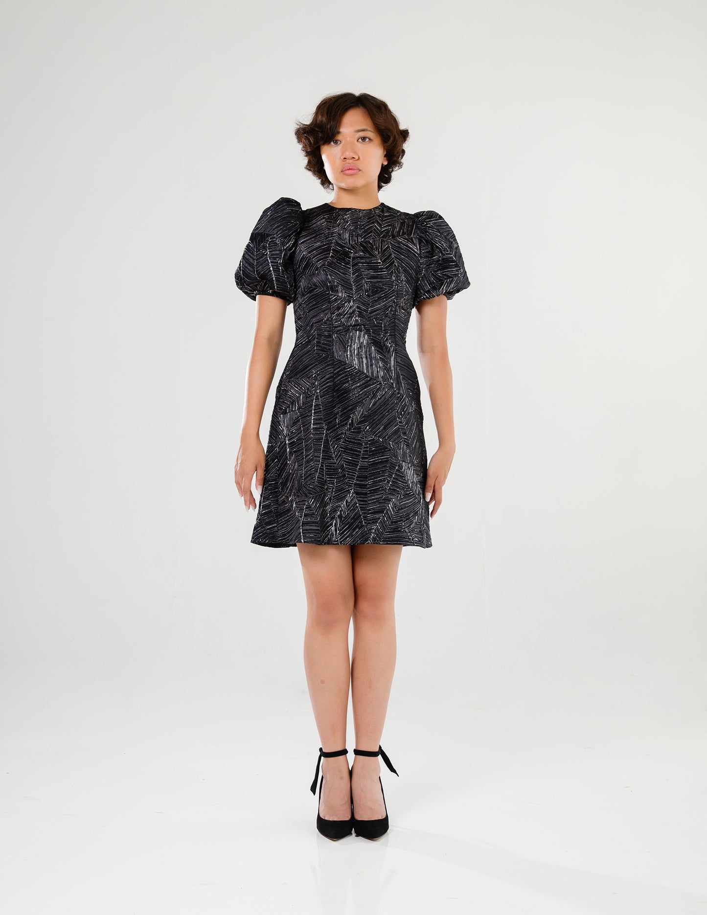 Jacquard Dress with Puff Sleeves Black