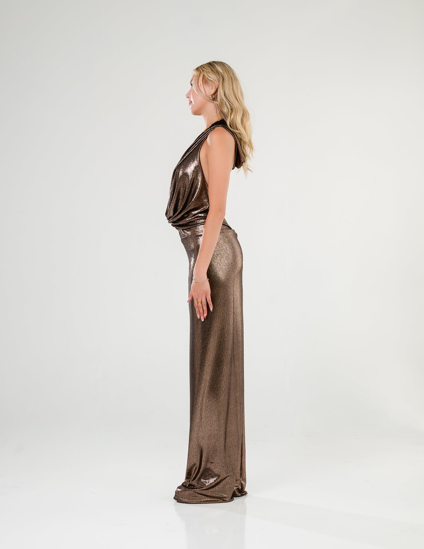 Metallic Cowl Halter Gown Bronze