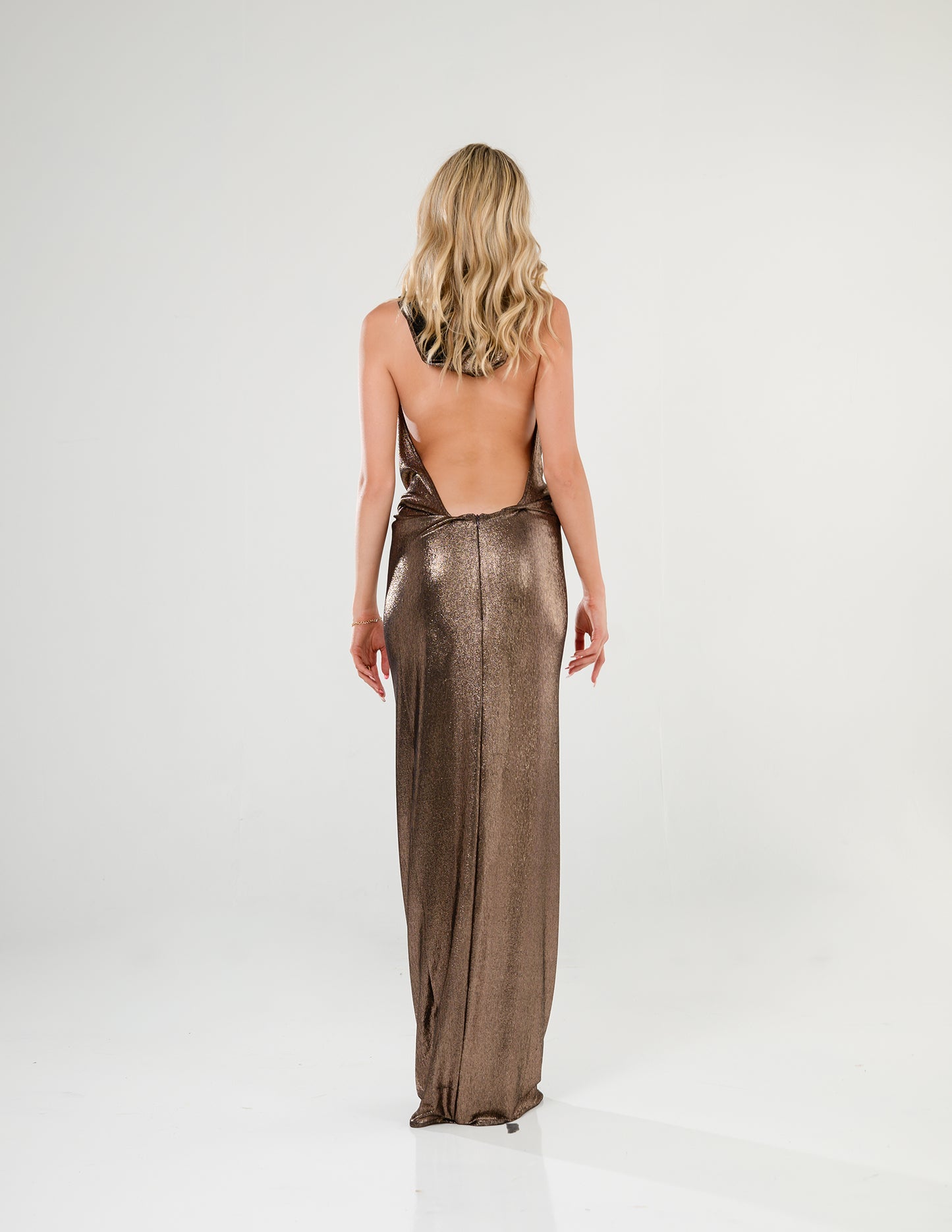 Metallic Cowl Halter Gown Bronze