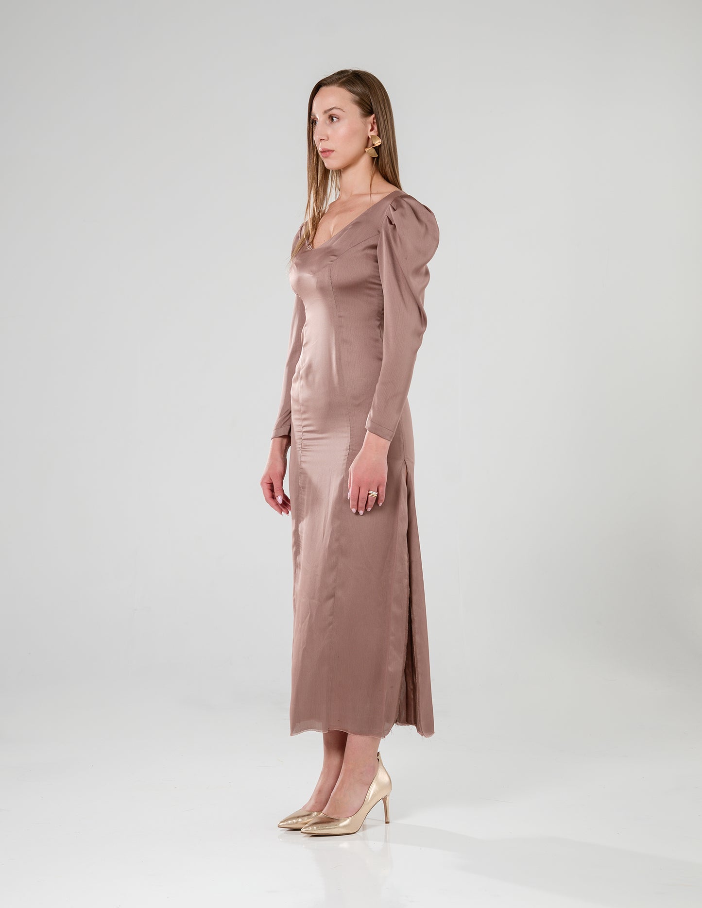 Satin Puff Sleeve Midi Dress Taupe