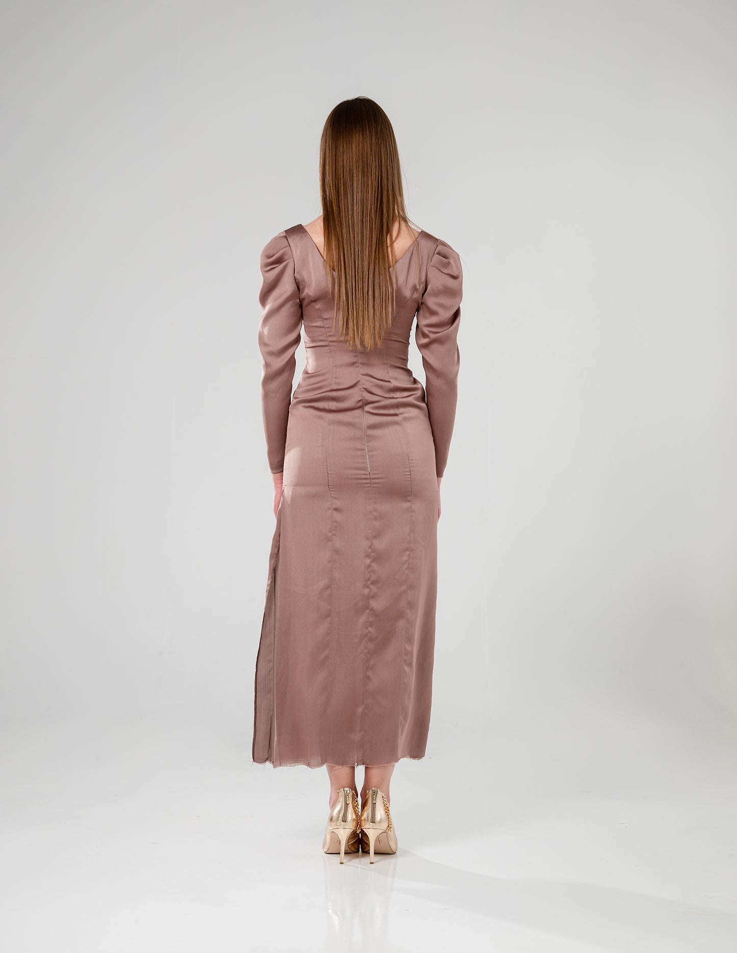 Satin Puff Sleeve Midi Dress Taupe