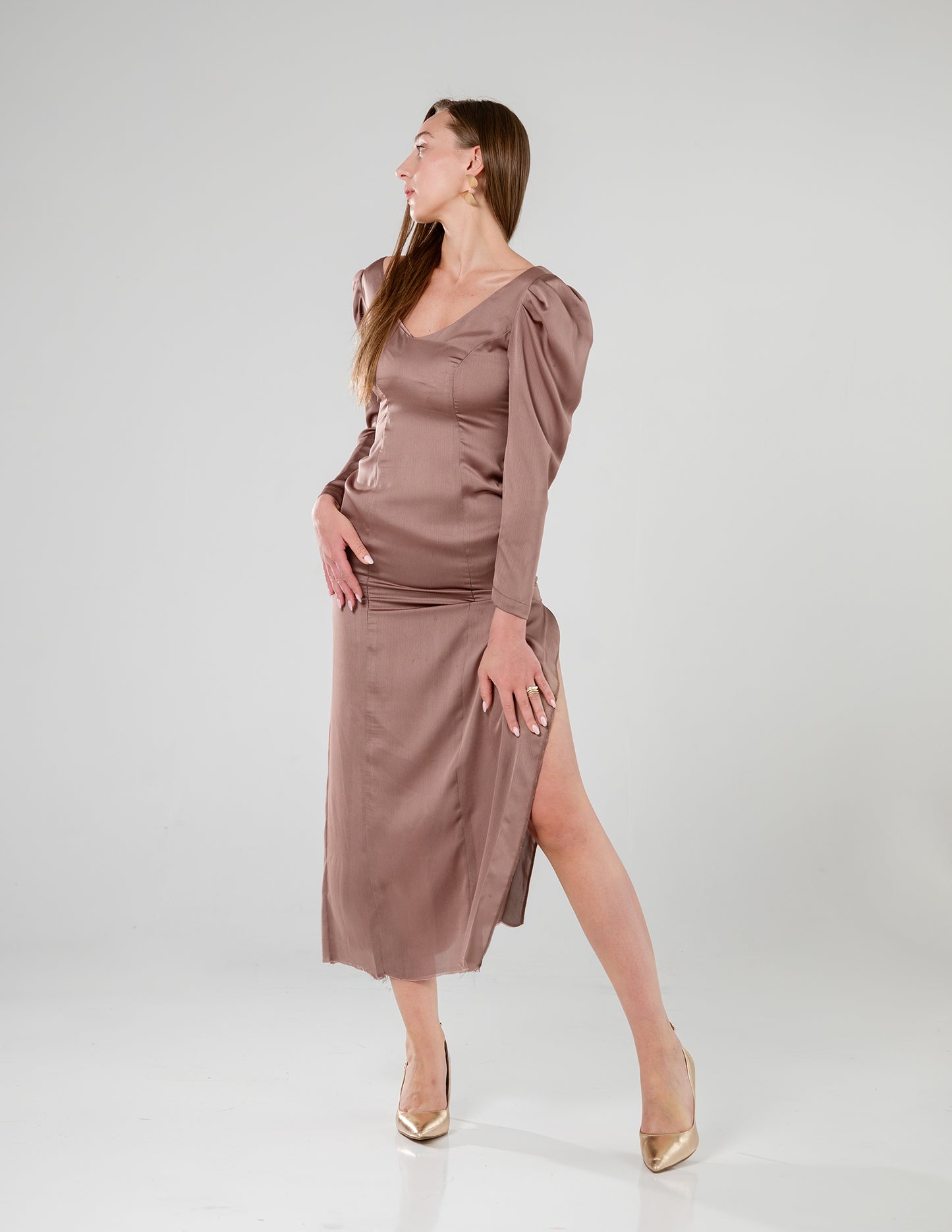 Satin Puff Sleeve Midi Dress Taupe