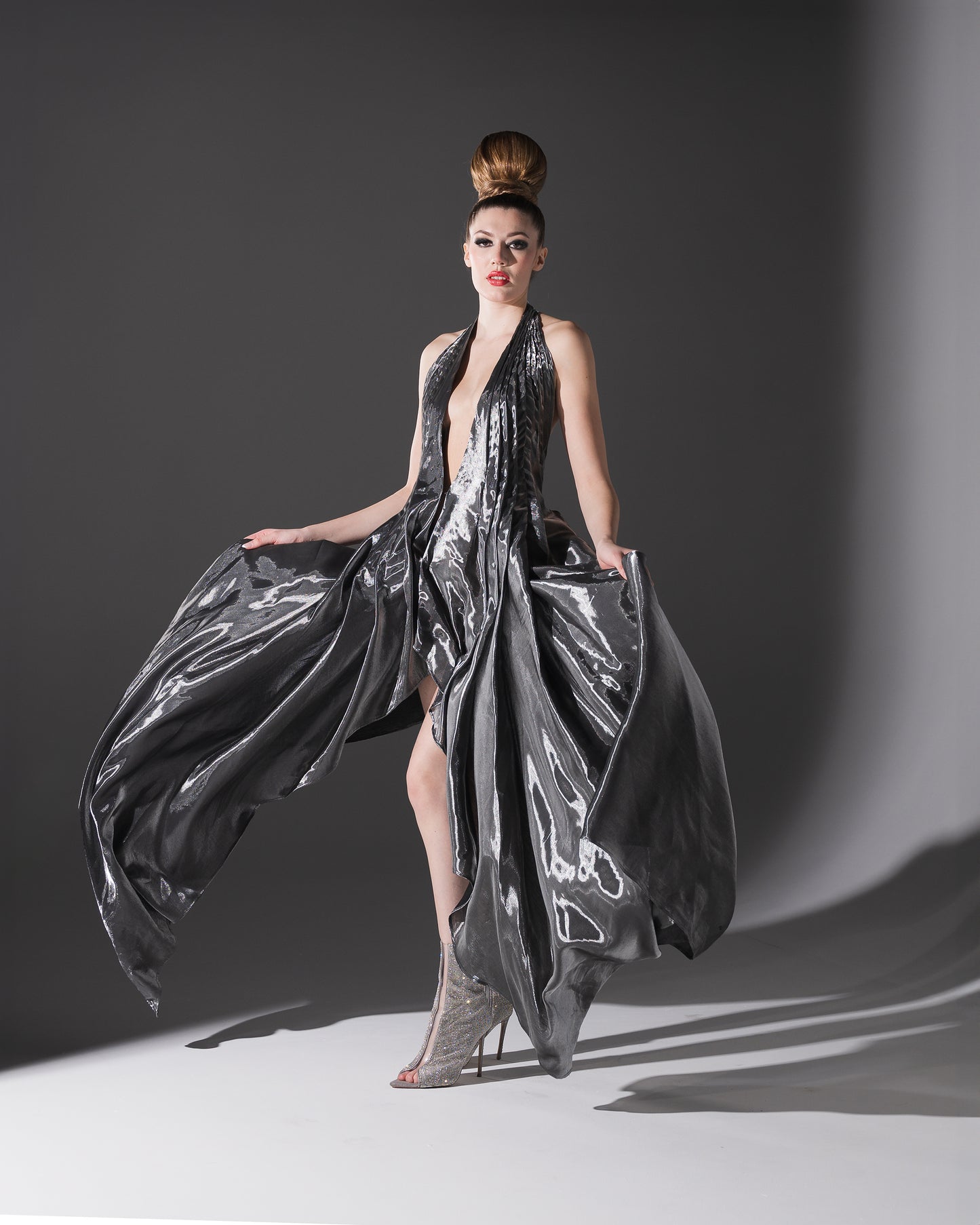 Plunging Flowy Dress Gray