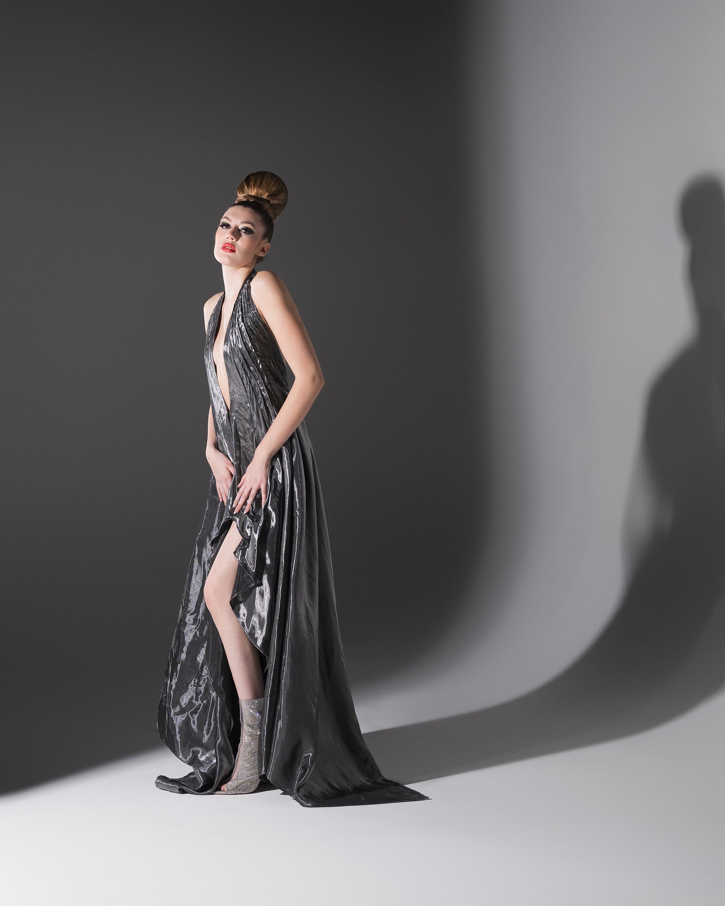 Plunging Flowy Dress Gray