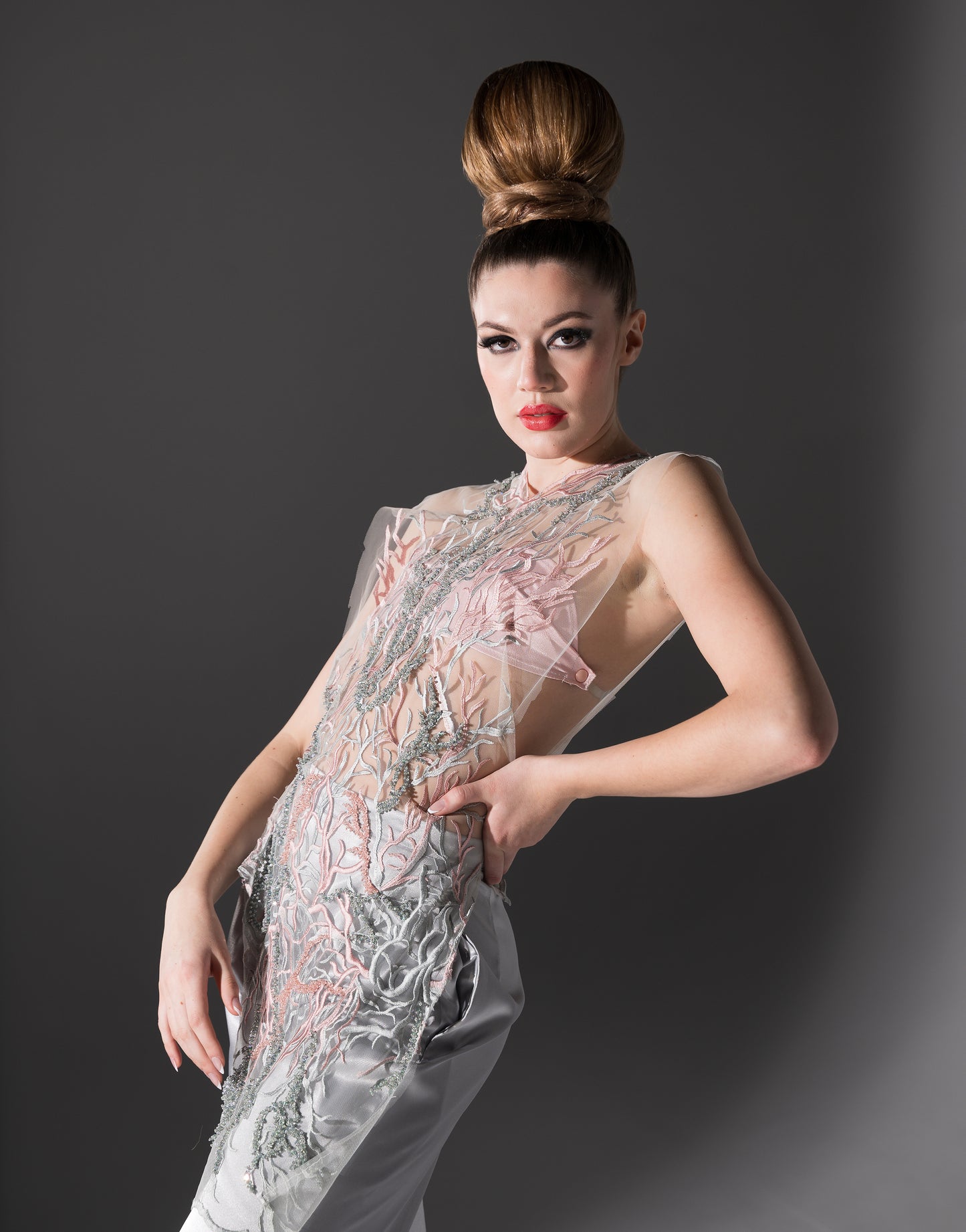 Stylish Sheer Top Gray and Pink