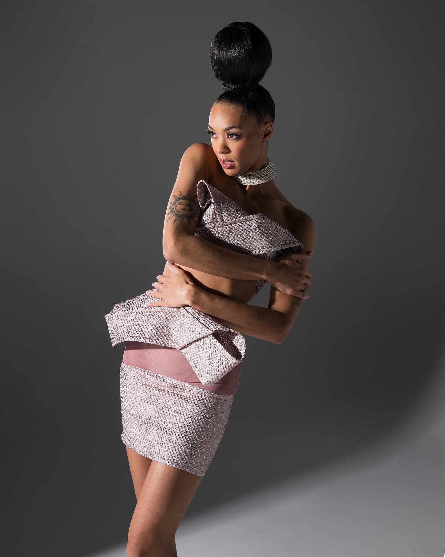 Bow Set Mini Skirt and Crop Top Metallic Pink