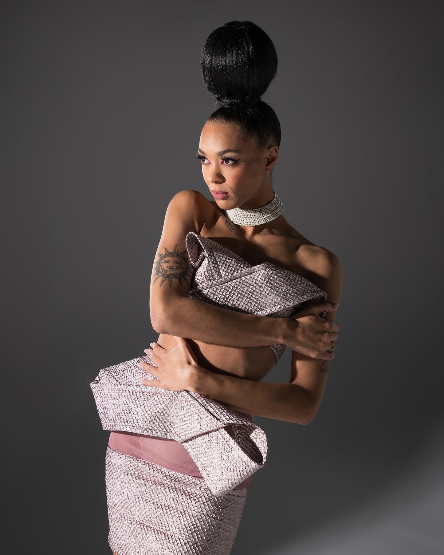 Bow Set Mini Skirt and Crop Top Metallic Pink