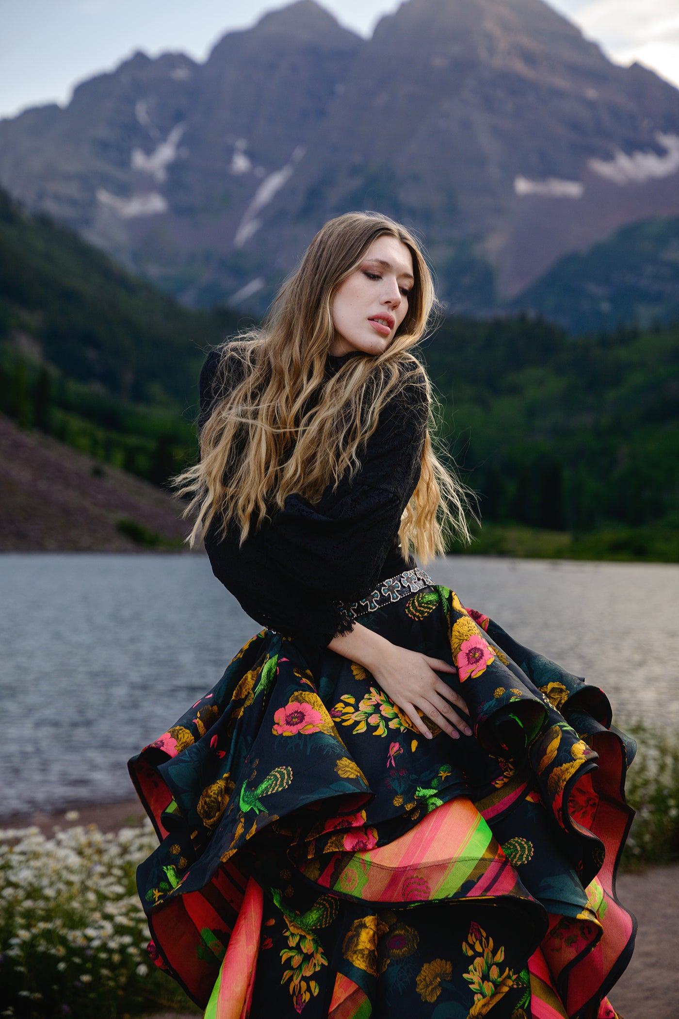 Maroon Bells Floral Ruffled Skirt