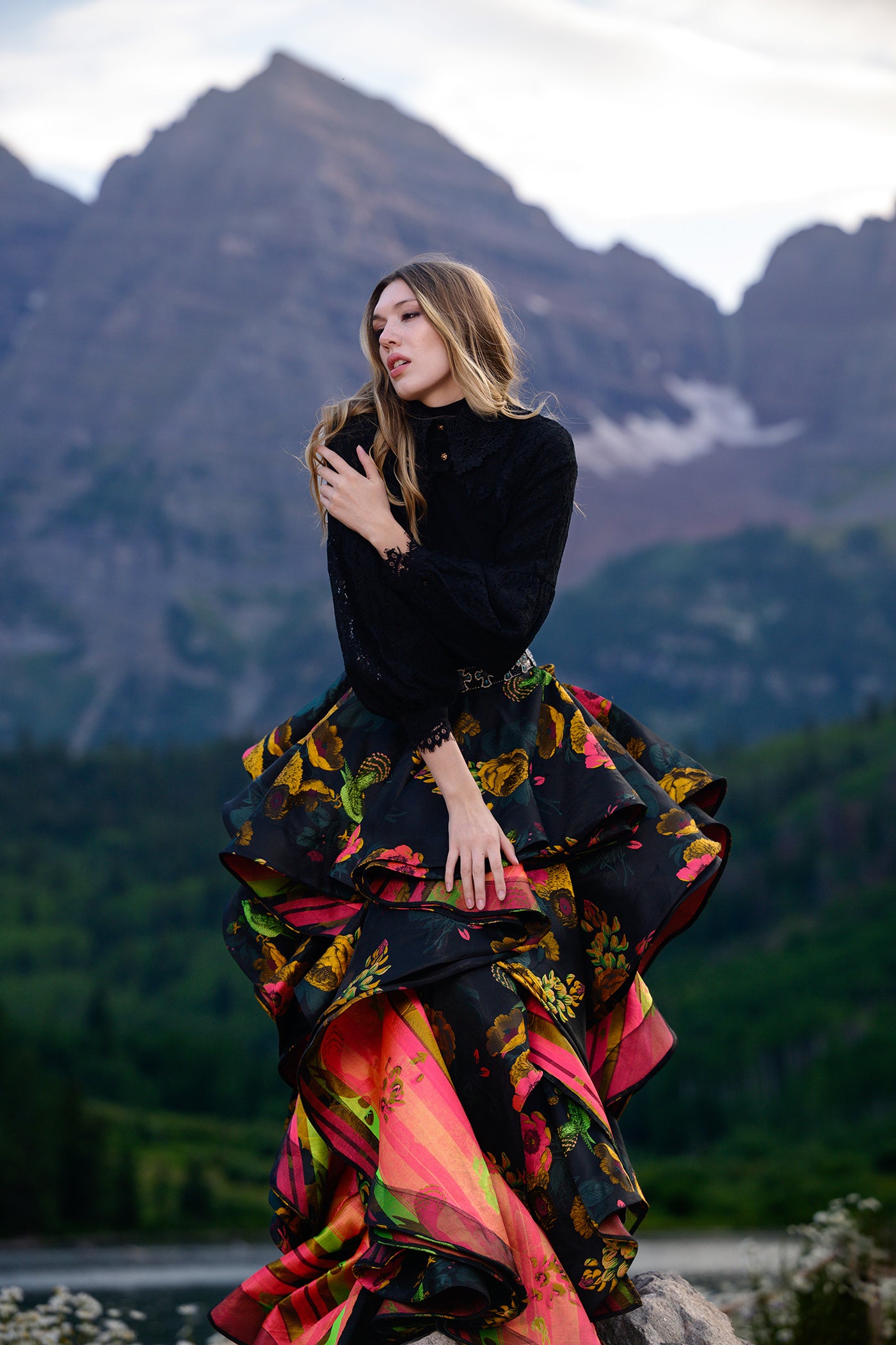 Maroon Bells Floral Ruffled Skirt