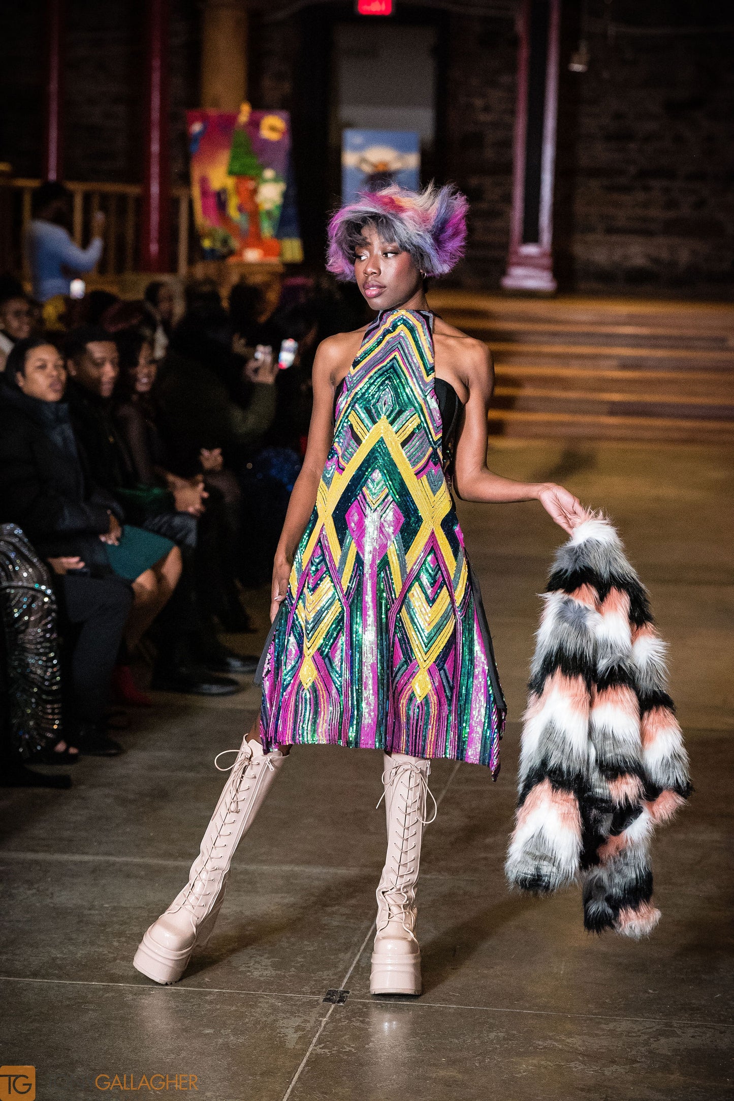 Queens of NYC: Jade Deco Sequins Knee Length Halter Dress