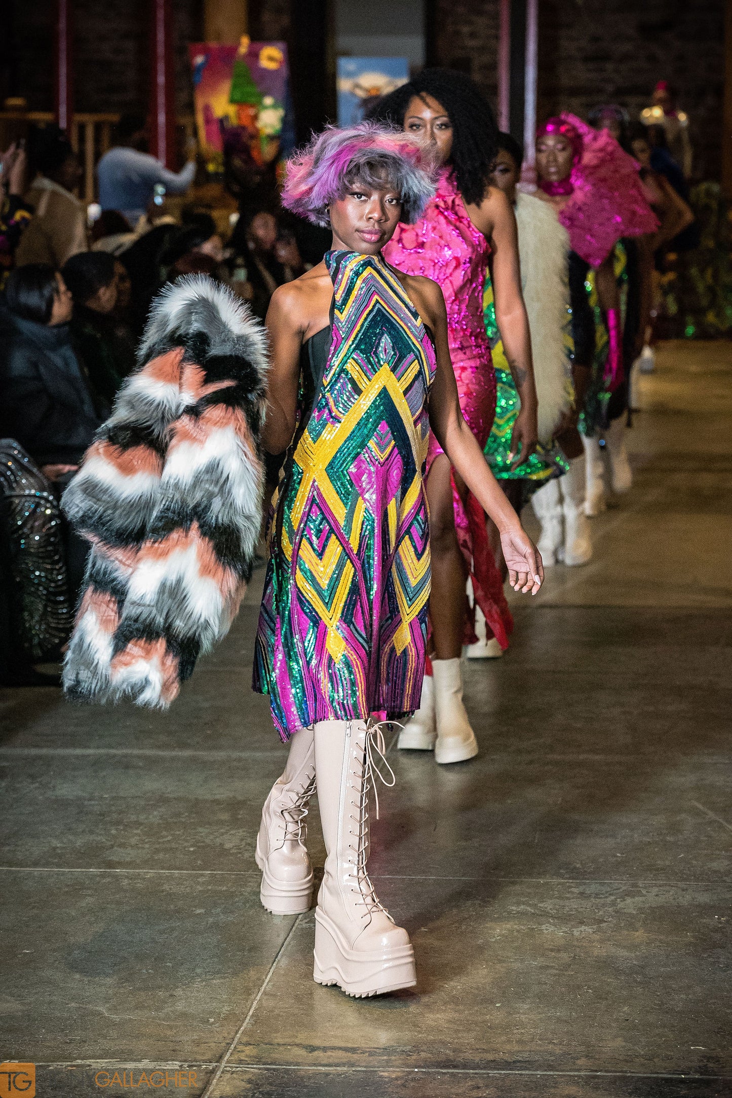 Queens of NYC: Jade Deco Sequins Knee Length Halter Dress